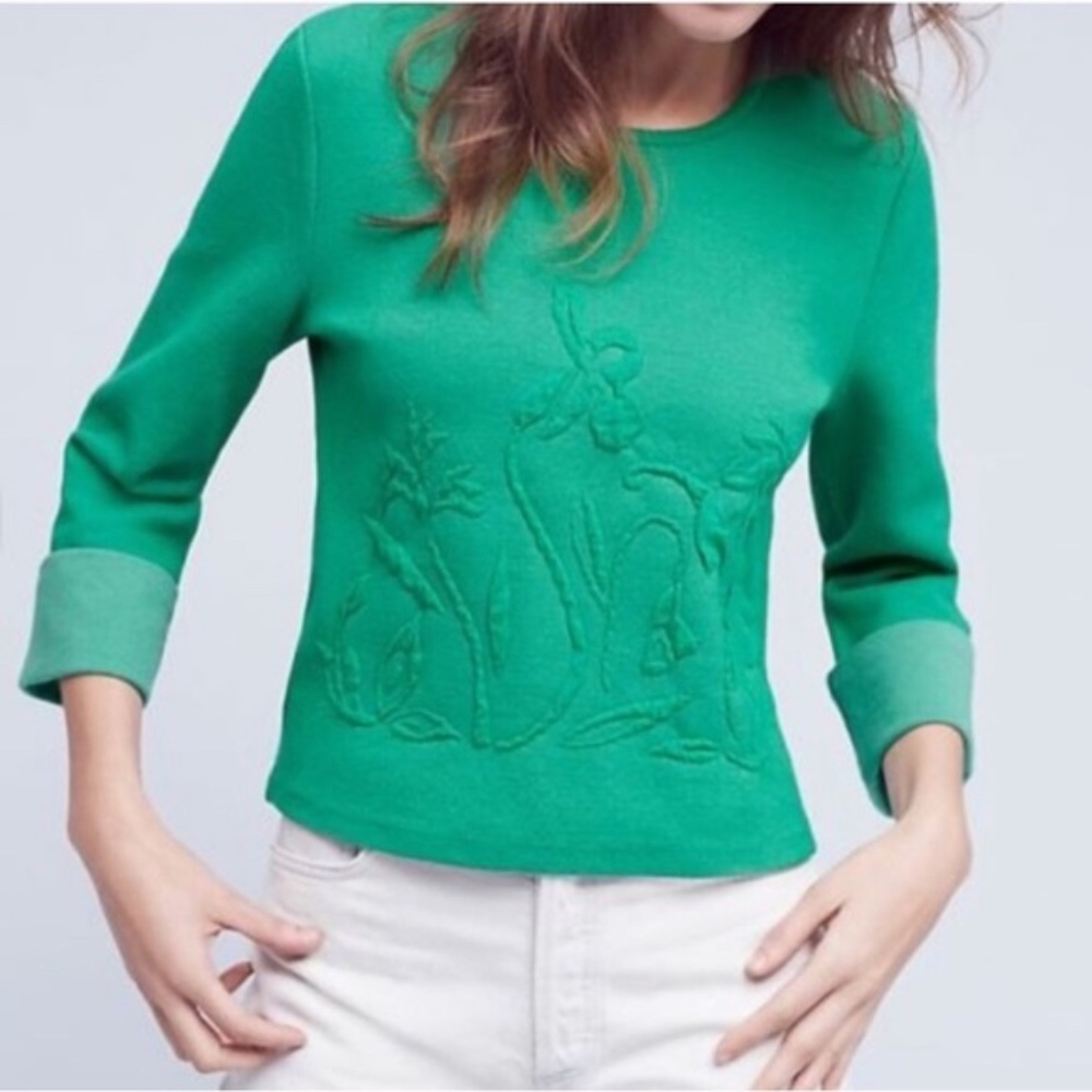 Anthropologie Moth | Embossed Green Garden Sweater